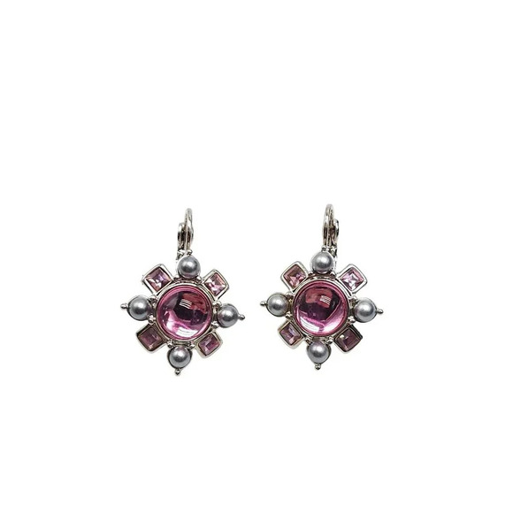 Joan Rivers Pink Crystal Silver Pearl Floral Dangle Drop Earrings - Picture 1 of 4